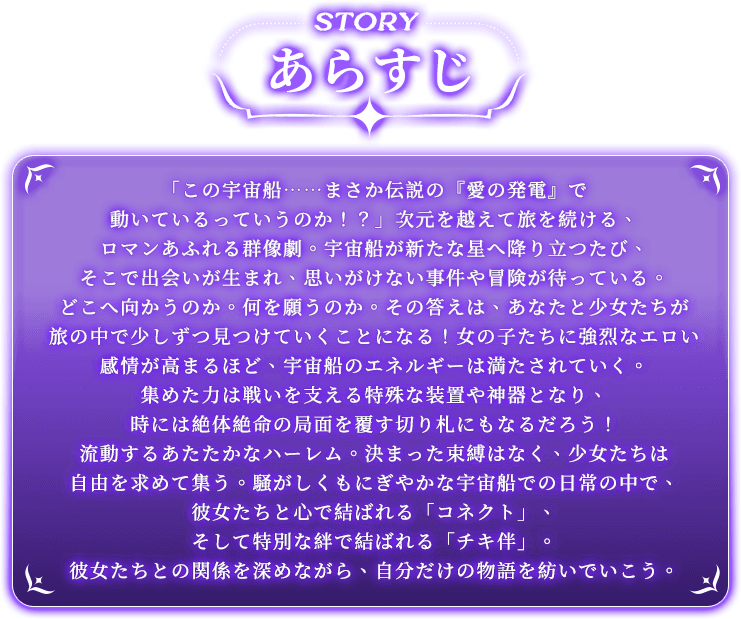 ゲーム紹介, 「この宇宙船……まさか伝説の『愛の発電』で動いているっていうのか！？」次元を越えて旅を続ける、ロマンあふれる群像劇。宇宙船が新たな星へ降り立つたび、そこで出会いが生まれ、思いがけない事件や冒険が待っている。どこへ向かうのか。何を願うのか。その答えは、あなたと少女たちが旅の中で少しずつ見つけていくことになる！女の子たちに強烈なエロい感情が高まるほど、宇宙船のエネルギーは満たされていく。集めた力は戦いを支える特殊な装置や神器となり、時には絶体絶命の局面を覆す切り札にもなるだろう！流動するあたたかなハーレム。決まった束縛はなく、少女たちは自由を求めて集う。騒がしくもにぎやかな宇宙船での日常の中で、彼女たちと心で結ばれる「コネクト」、そして特別な絆で結ばれる「チキ伴」。彼女たちとの関係を深めながら、自分だけの物語を紡いでいこう。
